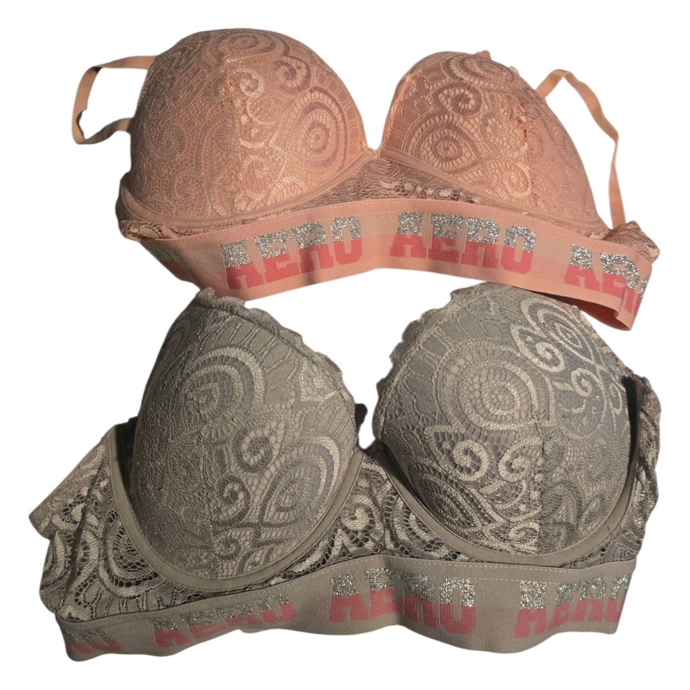 Aeropostale Lace Push-Up Bra Set - Pink and Gray 36C  NWOT